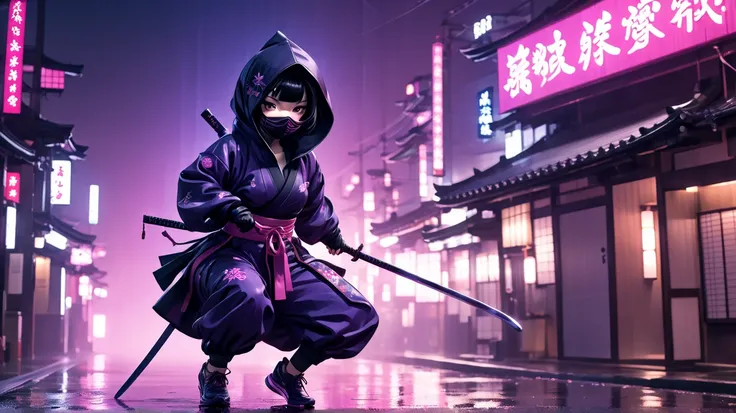 8k,masterpiece,best quality,when no one is around,a female ninja wearing a stylish and cute ninja hoodie Geisha style showing off cleavage,  one eye covered with a black cloth like an eyepatch, stands alone with dark violet aura, now just ready to start ru...