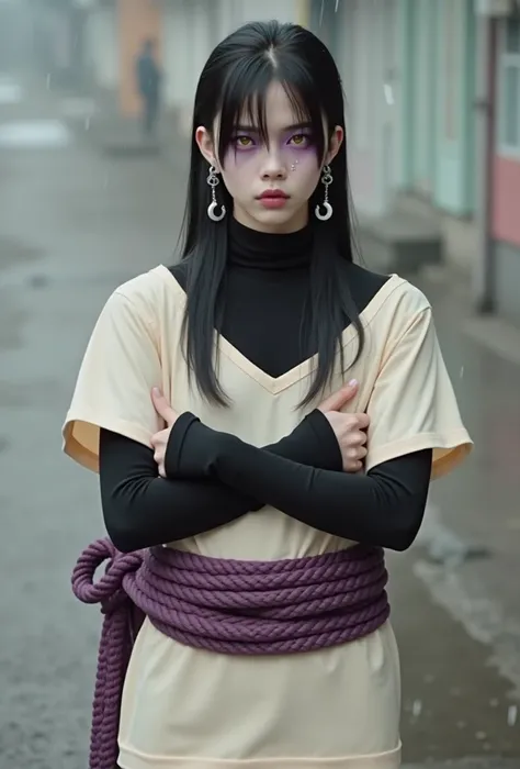 Japanese (man), 20 years old, staring intently at the camera,Having pale white skin,Having very long straight hair with bangs covering one eye,Having yellow eyeballs like snake eyeballs,There is a purple sharp line paint motif on both eyes Follow the shape...