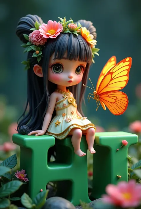 A 3D render of a chibi girl named Azmiati sitting enchantingly atop vibrant green letters. She has her irresistible charm and is wearing a cute, flowing dress adorned with tiny flowers and a delicate crown crafted from vivid blooms. Her enchanting eyes dra...