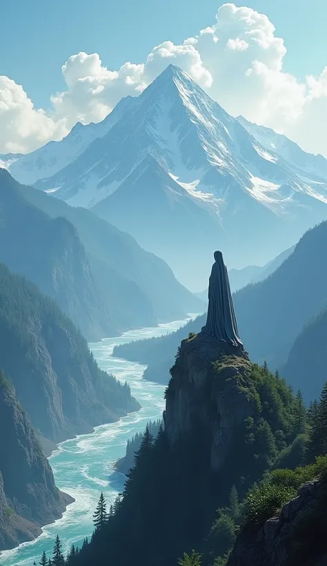 The mountain god is on top of the mountain ，Overlooking the earth。
 shows the mountain god standing at the top of the mountain ， The background is a vast mountain river 。， to create a spectacular scene where the god of the mountain is standing at the top o...