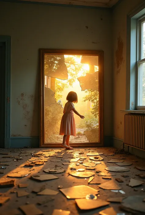  A broken mirror in an empty room ,  with each fragment illuminated by a soft golden glow, showing vibrant memories : laughter, love and joy , in a surreal style.