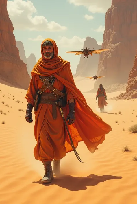  Gere an exuberantly dressed fremen , walking through the vast desert of Arrakis ,  accompanied by 2 ornithopters flying right behind him