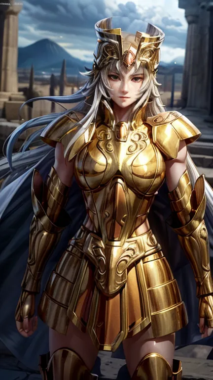 gemini armor, gold armor,1girl, armor, dramatic skies, looking at the audience, armor, shut up, upper body, serious, helmet, on ...