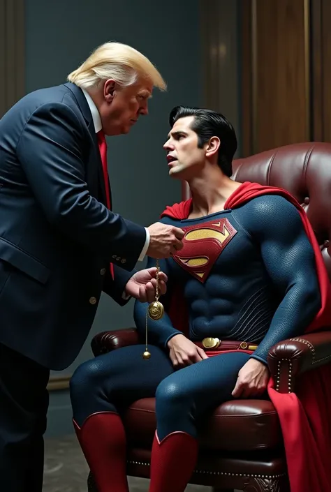 Superman sit in a chair and look at Trump holding a pocket watch hanging from pendulum in his hand. Supermans expression was dull, like a dog sticking out its tongue, begging for Trump. Trump US President is very happy. US President Trump kisses Supermans ...