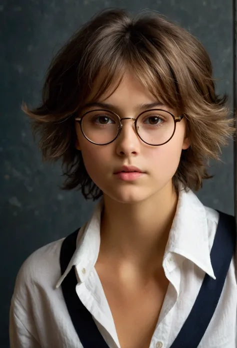 Masterpiece of realiatic photography, high quality, shaded tones; Appearance: the cute tomboy girl Nika whose age is older than the universe itself with nice natural chestnuts has short Brown disheveled and very shaggy hair, with a slighly tanned skin and ...