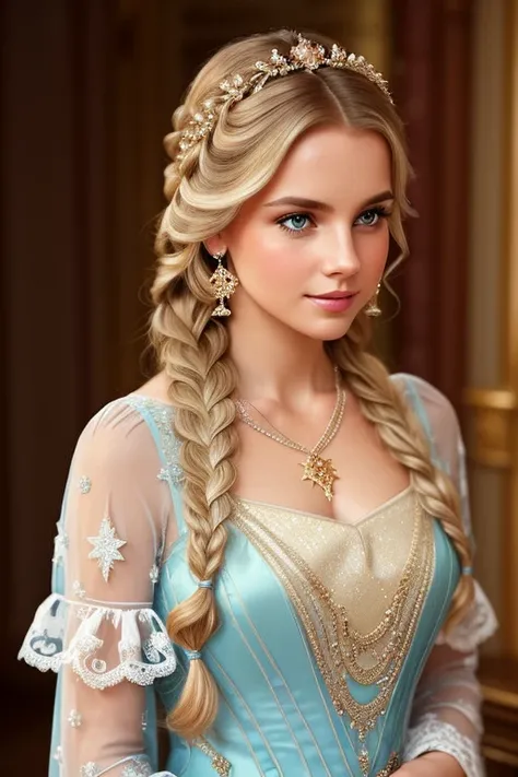 A young woman, with wavy auburn blond hair gathered in a braid, wears a sumptuous gown with rich fabrics and golden decorations in shades of white and light blue. She is accessorized with a pentacle star pendant necklace and elegant earrings. Her face is d...