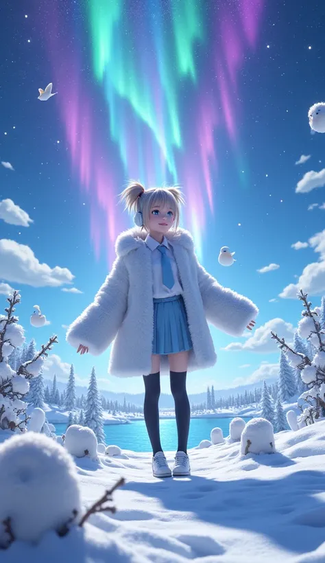  Hatsune Miku around 18 years old 、みんなが知っているcute初音ミク、cute、smile、My usual costume is a white fur coat, a light blue skirt, a light blue tie, and white headphones 、 Fairies and various birds are flying around beside her (Streamlined afterglow )、 animals that...