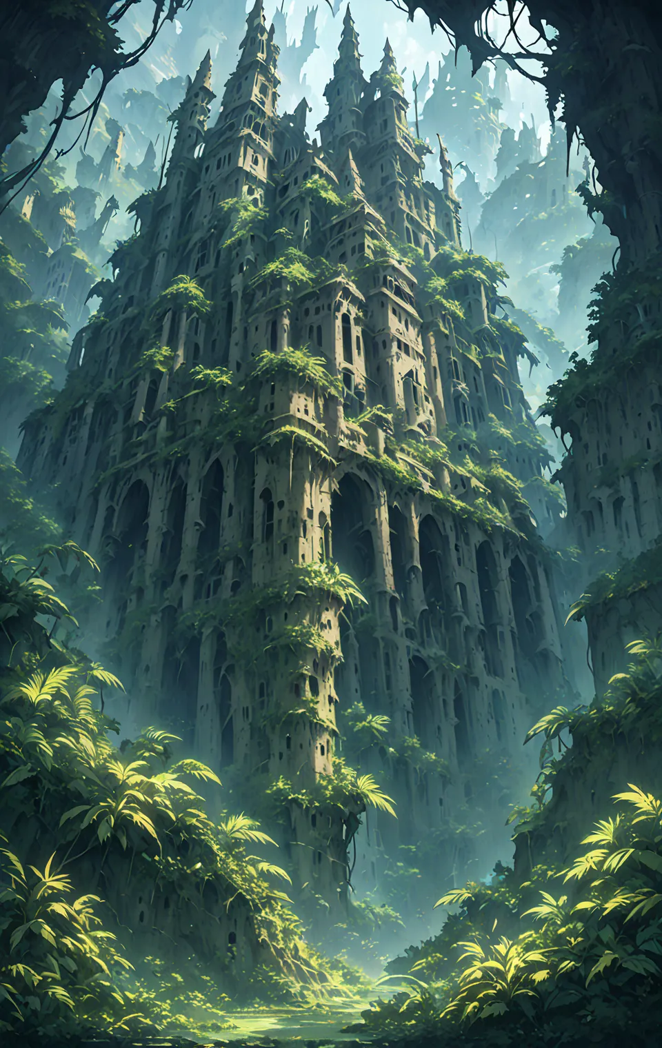 a cinematic anime-style illustration of an ancient ruined castle in the middle of a dense jungle, completely overgrown with lush...