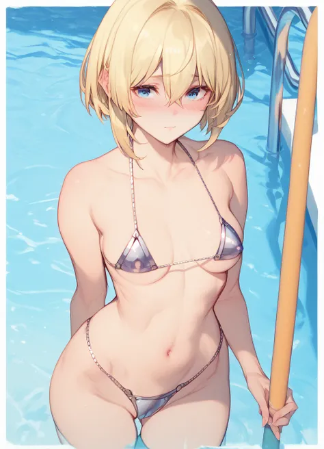 Blonde,  bangs between eyes,  bob hair,  blue eyes,  blush,  Smaller breasts、（metallic purple micro bikini）、The background is a gorgeous pool 、（ slender）、（ standing with legs spread）, View from the outside, Character portrait, 