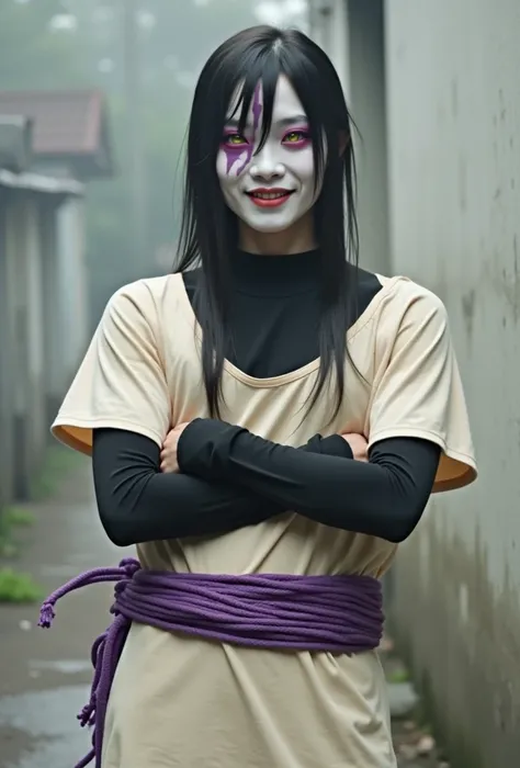 Japanese (man), 20 years old, staring intently at the camera,Having pale white skin,Having very long straight hair with bangs covering one eye,Having yellow eyeballs like snake eyeballs,There is a purple sharp line paint motif on both eyes Follow the shape...