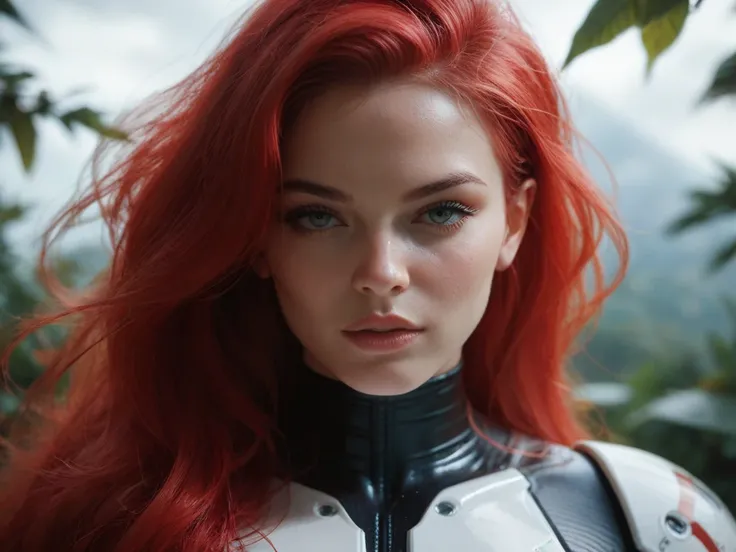 Girl with long flowing red hair in tight-fitting white spaceship pilot suit with deep neckline and lush bust size on an otherworldly planet with three moons at night 