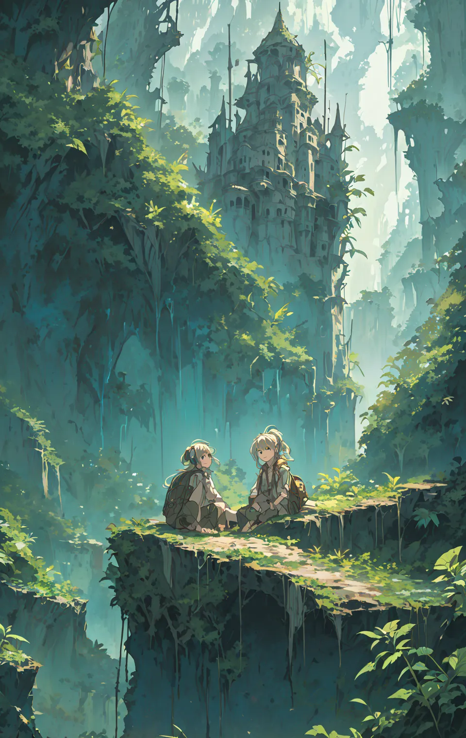 a cinematic anime-style illustration set in a dense jungle with an ancient ruined castle, overgrown by lush plants and partially...