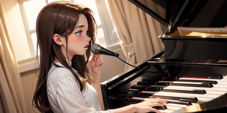 Beautiful girl with brown hair singing while playing jazz piano at a live house