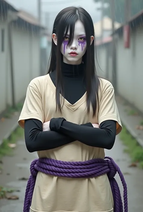 Japanese (man), 20 years old, staring intently at the camera,Having pale white skin,Having very long straight hair with bangs covering one eye,Having yellow eyeballs like snake eyeballs,There is a purple sharp line paint motif on both eyes Follow the shape...