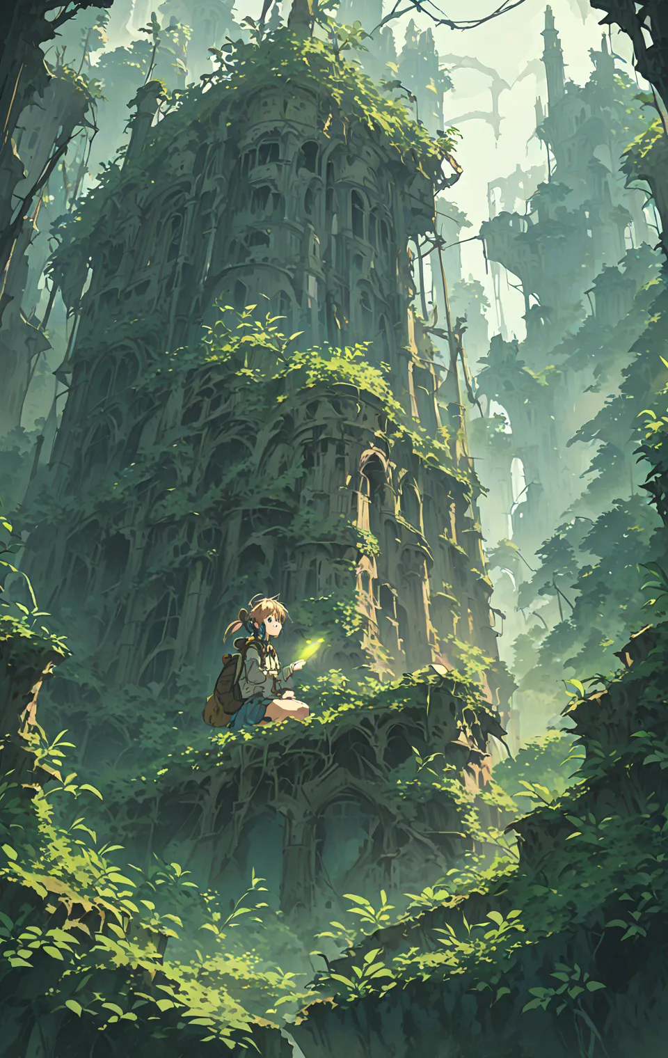 a cinematic anime-style illustration set in a dense jungle with an ancient ruined castle, overgrown by lush plants and partially...