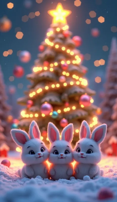 A family of fluffy bunny kits in a whimsical 3D render, surrounded by an explosion of glowing holiday decorations. They sit on a bed of sparkling snow, under a gigantic Christmas tree adorned with oversized, shimmering ornaments, candy canes that glow like...