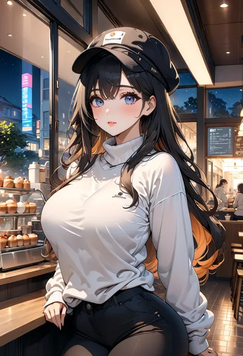 (anime :1.2), 1 girl,  Beautiful, curvy shapes,  long hair , Small Makeup ,  Tight Hat ,  Beautiful Face Charts ,  Long Hair Curvy ,  Beautiful Sparkling Eyes, ( Perfect Anatomy  :1.3),  Lightweight Neck Sweater ,  Pants with pockets , Sneakers, Background...