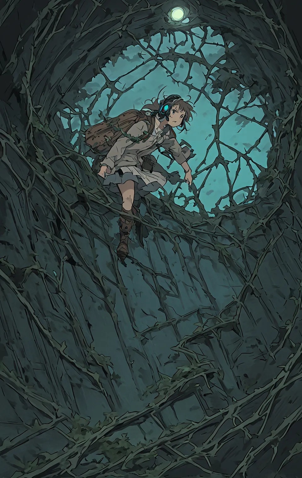 a cinematic anime-style illustration set in the dark, mysterious interior of an ancient ruined castle in the jungle. the walls a...