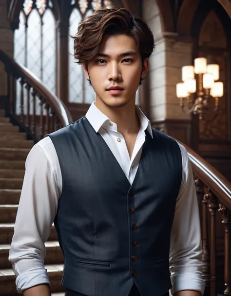  3D The image shows a Korean young man with brown eyes and short brown hair in a white shirt and dark vest standing in front of a majestic staircase.  The background is an interior with Gothic arches and large windows ,  through which light enters . The at...