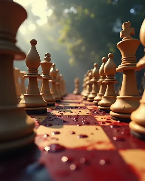 Disney Pixar style. Chess battle .  personified and humanized chess pieces, with eyes,  legs and fighting expressions ,  on a bloody battle board, in a hostile environment . lower diagonal perspective .
