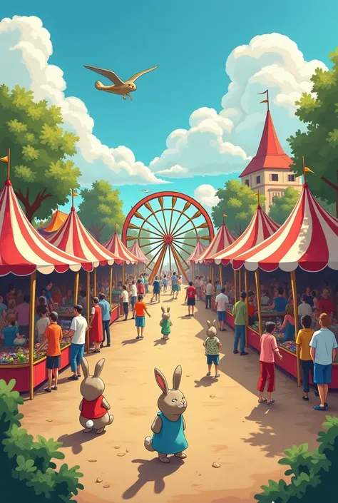  Create poster drawing of a panoramic shot of a town fair with many colors, many stores, a path, During the day and the attendees must be cute rabbits, with a wheel of fortune in the shape of a snake that looks friendly 