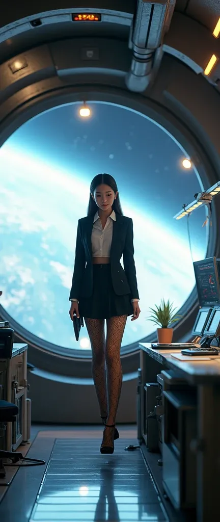 Exterior of spaceship .  A view of the exoplanet through the window ,  The whole space is filled with a workbench 、 Electronic equipment and screen ,  Full HD full body image ,  A space station girl floats in half the air , The girl is your girlfriend ,  S...