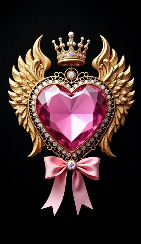 A luxurious and ornate heart-shaped pendant featuring a large, faceted pink gemstone at its center, exuding elegance and brilliance. The pendant is framed by intricate golden filigree and accented with symmetrical angelic wings crafted in a metallic gold f...