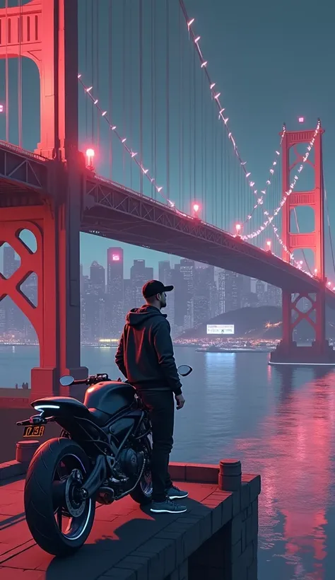 An artistic animated scene of a cool, laid-back young guy standing next to his parked futuristic motorbike on the side of a glowing suspension bridge at night, gazing out at a sprawling city below. He leans casually against the motorbike, overlooking the v...