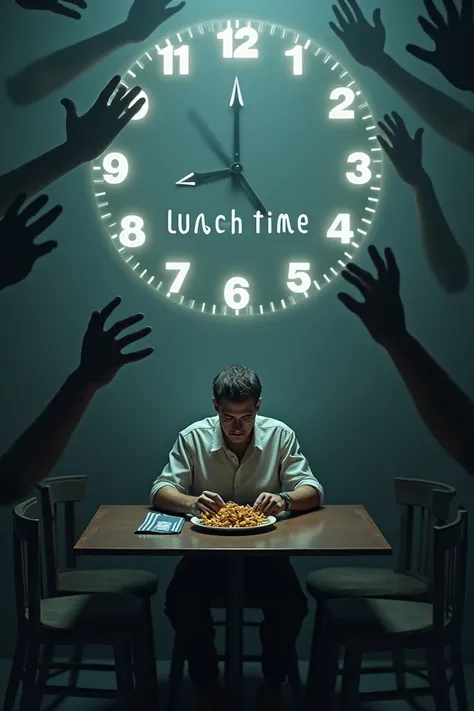 A guy eating peacefully, many shadow hands trying to grab him, background is a giant digital clock at 11.30 and written in giant letters "lunch time"