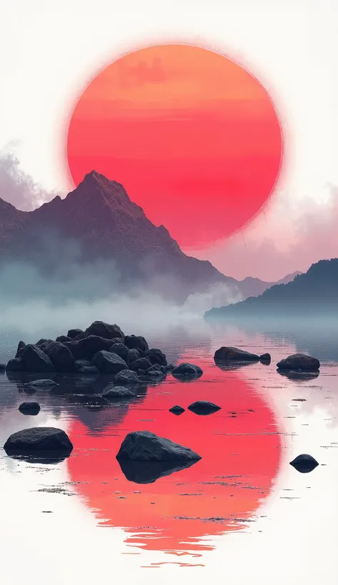 A hyperrealistic digital illustration on a plain white background, bipolar sound wave reflection, video game art style double exposure red sunset over wasteland, polished pebbles, reflection on surface, dark watercolor paint milky fog,