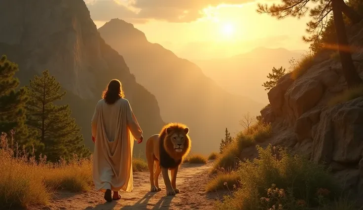 A cinematic, realistic portrayal of Jesus Christ as an adult walking alongside a majestic lion on a winding mountainous path. The landscape features rugged cliffs, tall green trees, and a dramatic golden sunset in the background. Jesus is dressed in a flow...