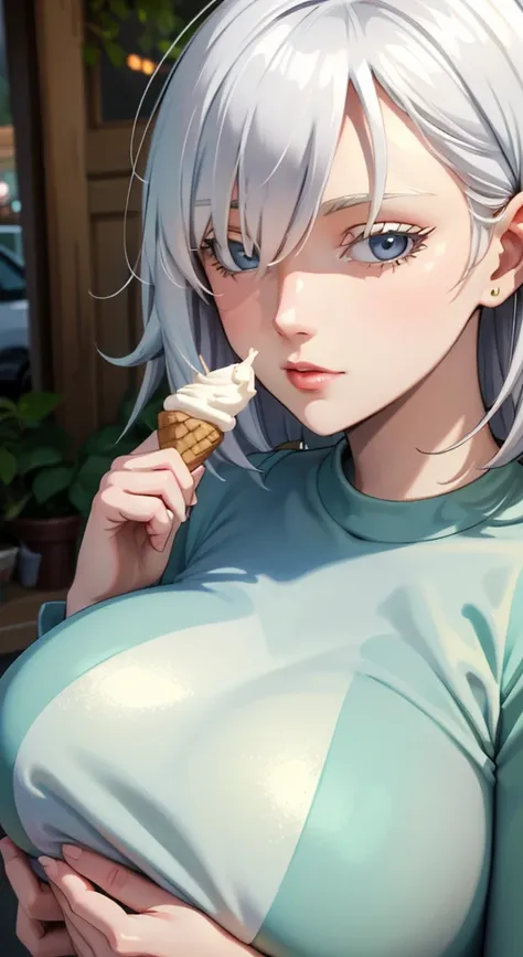 Close-up of a person holding an ice cream cone, Sweet girl, Woman with wavy silver hair, bangs,  light blue eyes , Soft green dress, gigantic breast