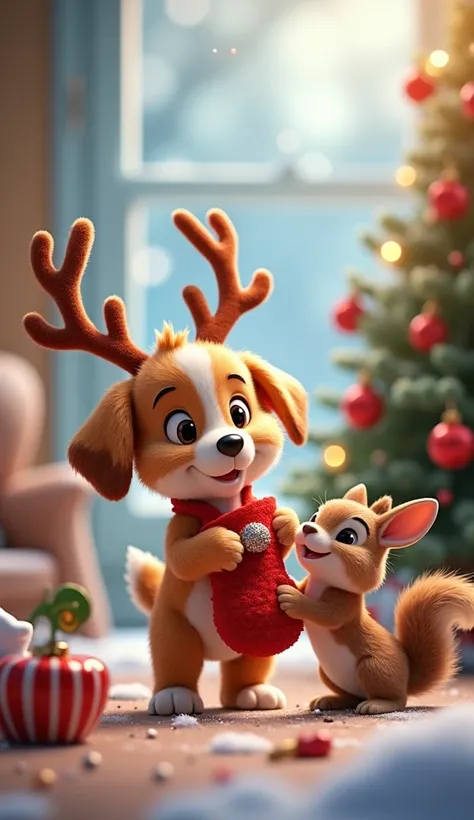 "A cheerful puppy wearing reindeer antlers, playfully tugging on a Christmas stocking with a rabbit, while a squirrel decorates a tiny tree with shiny ornaments."