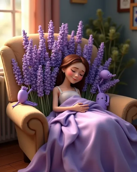 Disney Pixar style. A bouquet WITH LOTS OF lavender personified and humanized with expressions of kindness veils the sleep of a woman who sleeps in a cozy armchair