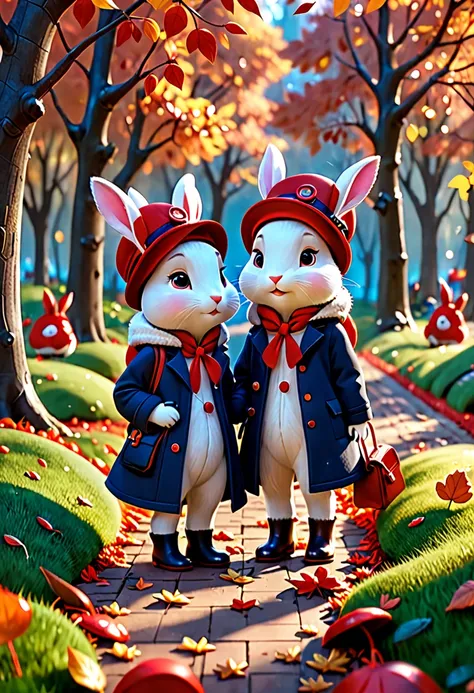 A pair of cute little bunnies wear a long coat, a red hat, a bag, pixar style, personification, sleeping in the garden, fallen leaves, autumn scenery, forest, 4k, popular on artstation, gorgeous, super wide angle