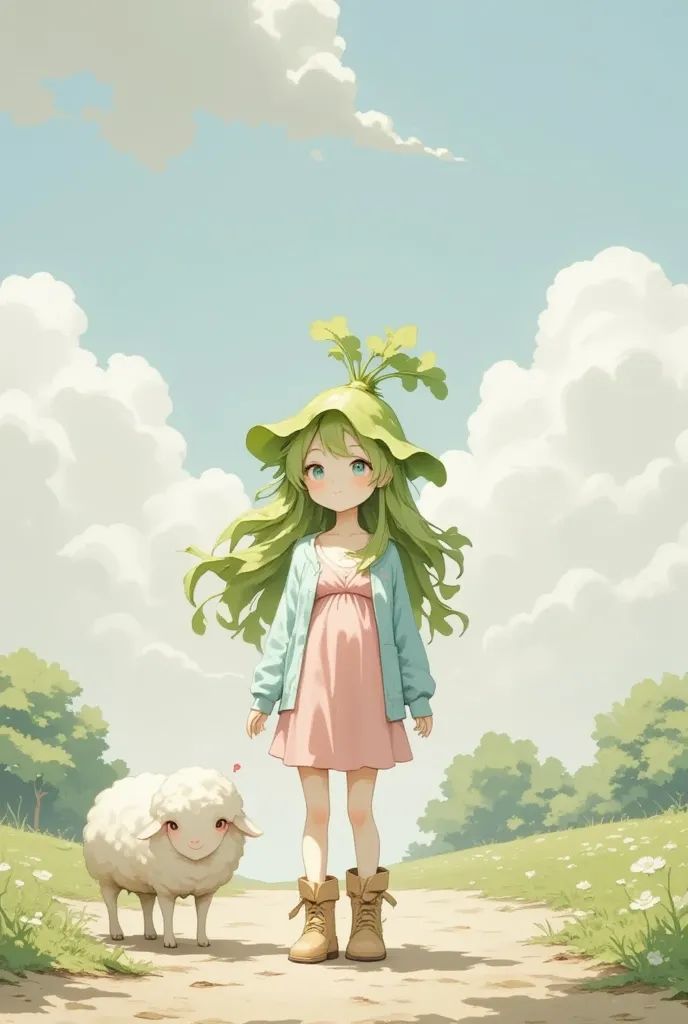 gnawed by 、 cute daikon woman with green leaf hair,  pink dress,  sky blue cardigan ,  brown boots ,  sheep standing in the dirt