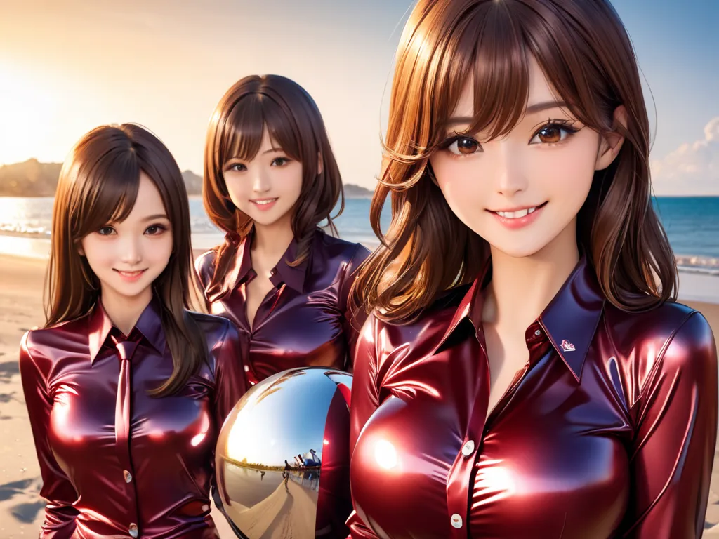 4 girls buttoned in extremely tight shiny dark red metallic blouse,necktie, high resolution ,  masterpiece, volumizing hair, poi...