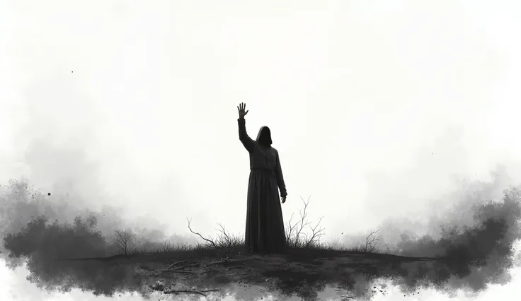 A hyperrealistic digital illustration on a plain white background featuring a mysterious figure with faceless features, reaching towards the sky with outstretched fingers in a desolate and gloomy post-apocalyptic world created in a dark watercolor paint st...