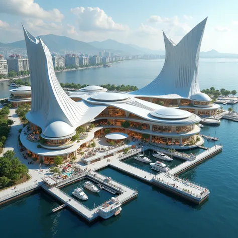 octane 3D rendering architectural; waterfront modern shopping mall with al fresco decking, marina jetty with boats, with modern hotel towers, with floating iconic auditorium, modern fisherman wharf street retail. overall theme is modernized futuristic drag...