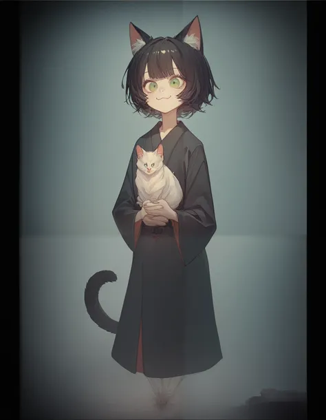 girl,Half a cat,Cat ears,Black hair, in the green eye,Short hair, flat chest, Black Long Sleeve Top,Black yukata,With cats tail ,There is a cat ,ronin, chainsaw blood, evil smile ,