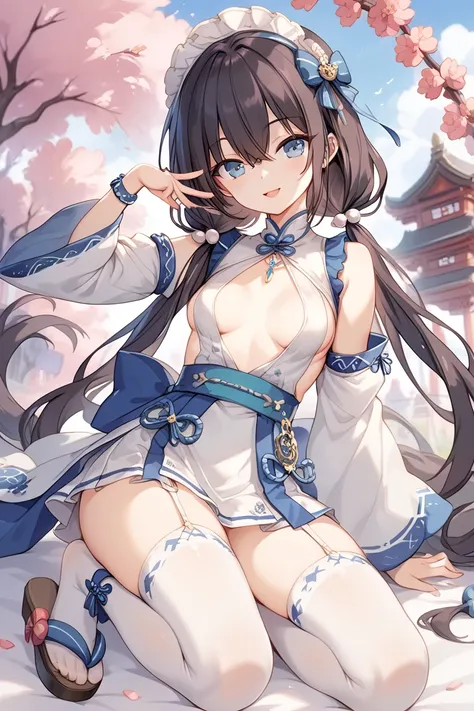 A girl, Hairstyle low pigtails and bangs ,  front view ,  Big Breasts ,  wears a white dress inspired by a traditional Japanese style with open sleeves and a pronounced neckline with an opening in the middle of the chest,  small breasts, slim,  Her short s...