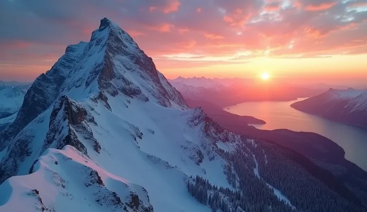 une photographie réaliste depuis la crête dune magnifique montagne enneigée et boisée surmontant un couché de soleil rouge orangé sur la ligne dhorizon dun océan bleu turquoise