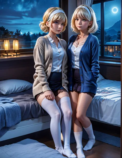 two women .(nightsky).window (8k)  inside bed room. autumn.  y-shirt. (lace). line-up  .  sit. white.goldhair  .tights .socks. n...