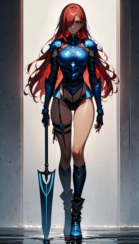 (  masterpiece ,  Best Quality :1.2),Alone,Dark skin, pele morena, sweaty skin , (A female warrior ,long red hair)( hair over one eye,  wet hair), wearing blue metal armor, Blue Dragon Helmet , your right hand carries a golden spear,  full body 