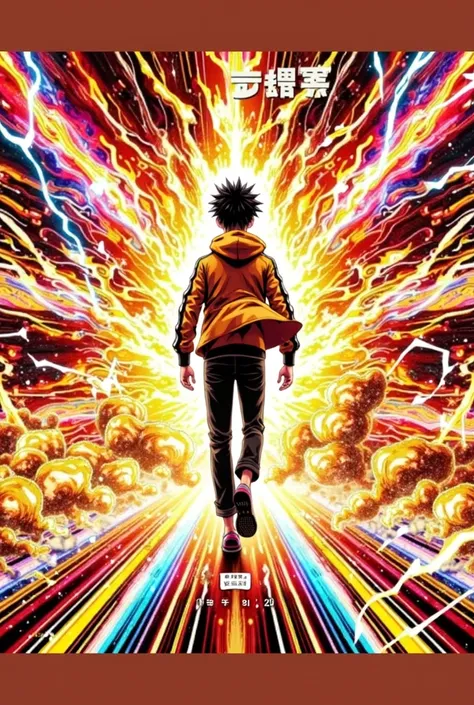  Create an image for the manga cover of a boy walking with explosions around him that comes from inside him (My manga is about a boy who explodes ) Create the colorful cover other than in black and white and with the background of explosions and the boy wa...