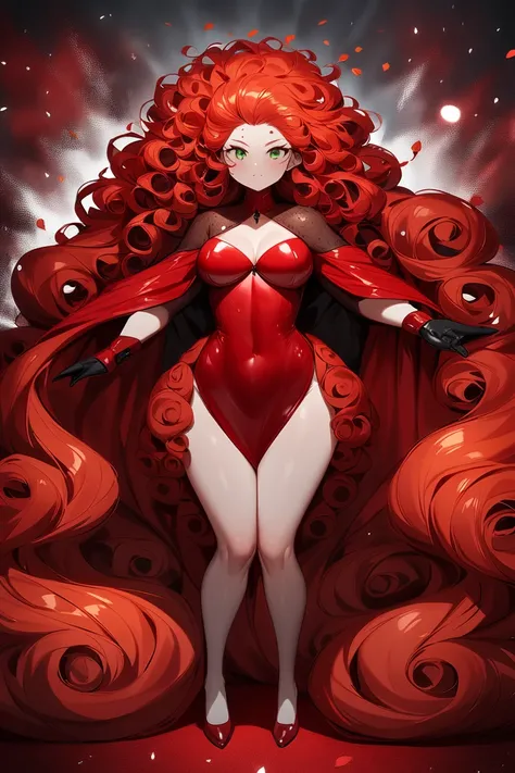   an image of the superhero Ladybug but with long curly hair of an intense shade of red hair/natural orange.  Her mane cascades down her shoulders , with voluminous curls . has,  a curvy figure ,  without losing her natural sensuality . a freckled skin ,  ...