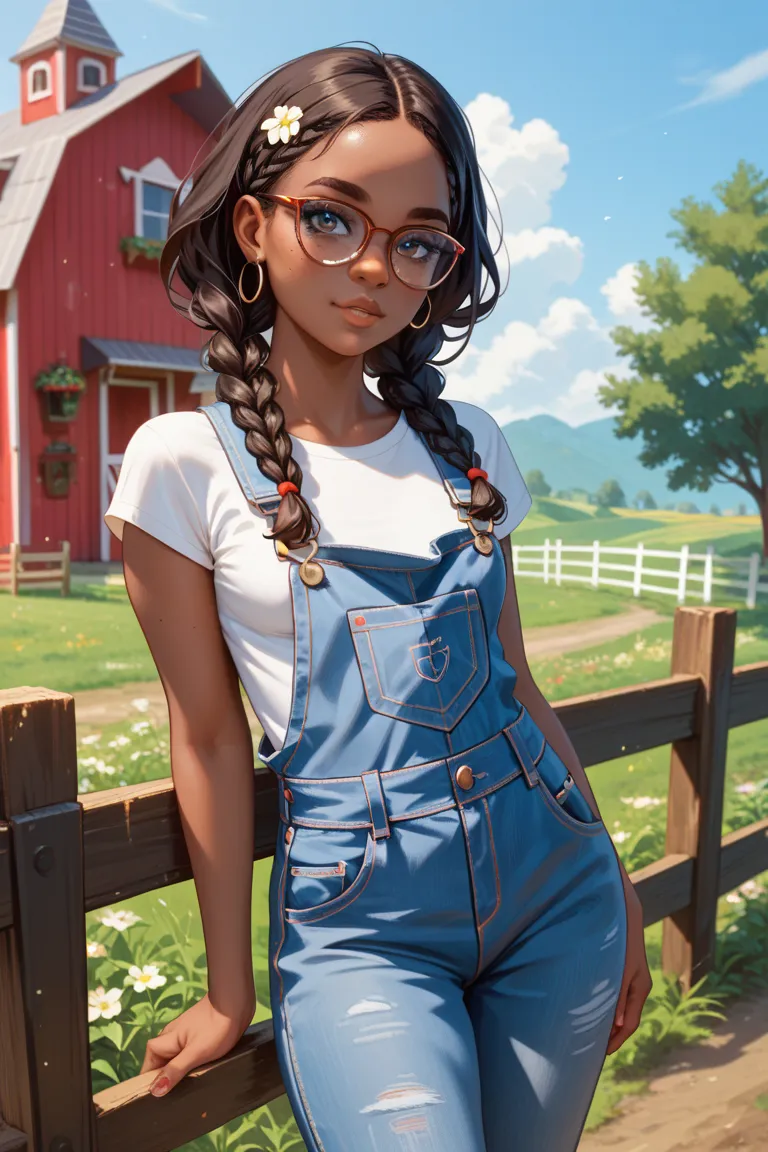 1girl, melanin skin, two long black braids, average looking, tall, glasses, skinny build, small breasts, light blue overalls, on...