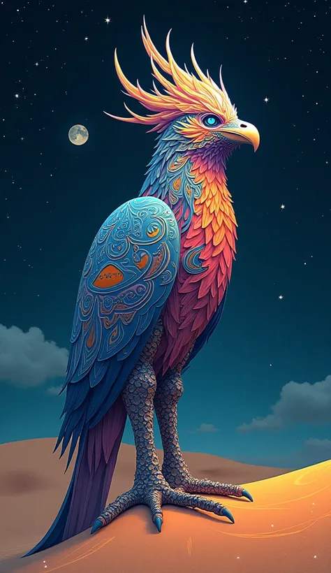 A cinematic interpretation of abstract tribal art, of a beautiful tree-like bird, with bold geometric patterns, on a nighttime sand dune, surrounded by stars, trance-like state, vivid colors of blue, orange and pink, splattered texture, intricate tribal de...