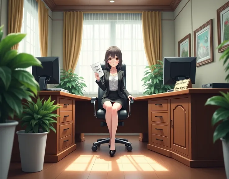  Close to the Ground Viewing Angle , Full body image, panoramic, Presidents office interior .  The whole space is filled with a workbench 、 Green potted plants planted in a white pot and three computer monitors on the presidents desk , 全高清Full body image, ...