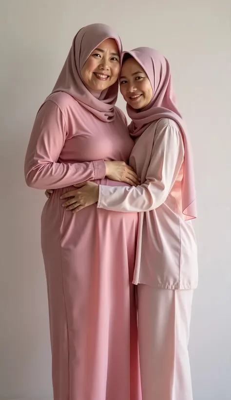 ((indonesian hijab pregnant, wide hips, big thick thighs, big butt woman 56 years old, wearing transparent pink silk, looking at viewer)) hugged by ((  indonesian skinny husband 30 years old, looking at viewer))
((FULL BODY POSES)), Smile, Anatomically Cor...